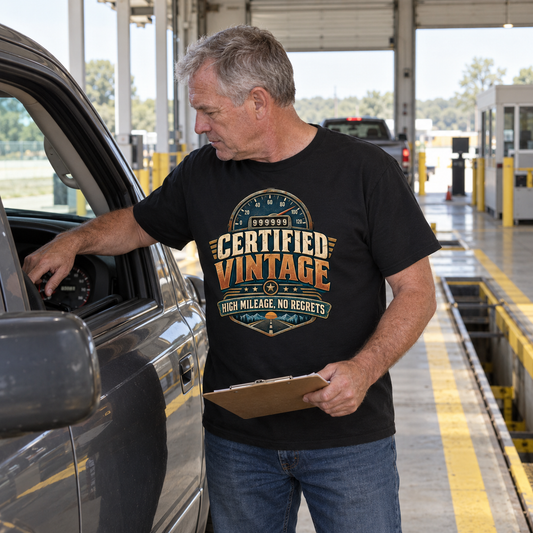 "Certified Vintage High Mileage, No Regrets" Vintage T-Shirt