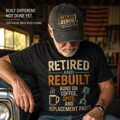 "Retired & Rebuilt. Runs on Coffee, Spite and Replacement Parts" Vintage T-Shirt