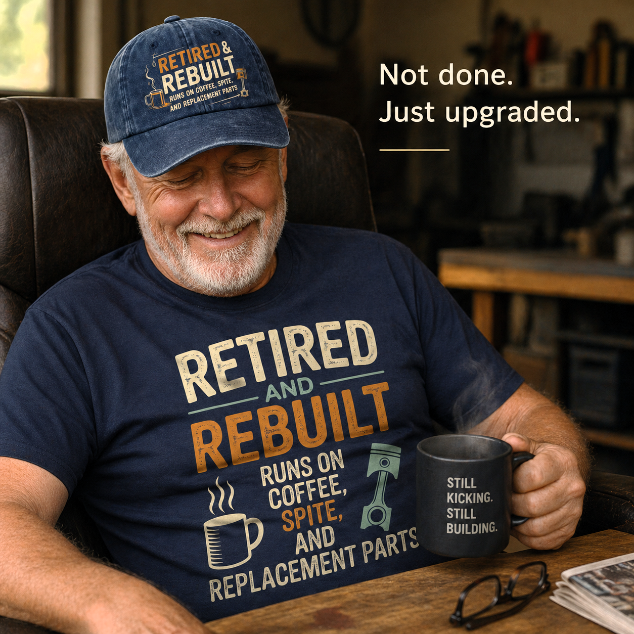 "Retired & Rebuilt. Runs on Coffee, Spite and Replacement Parts" Vintage Washed Cap