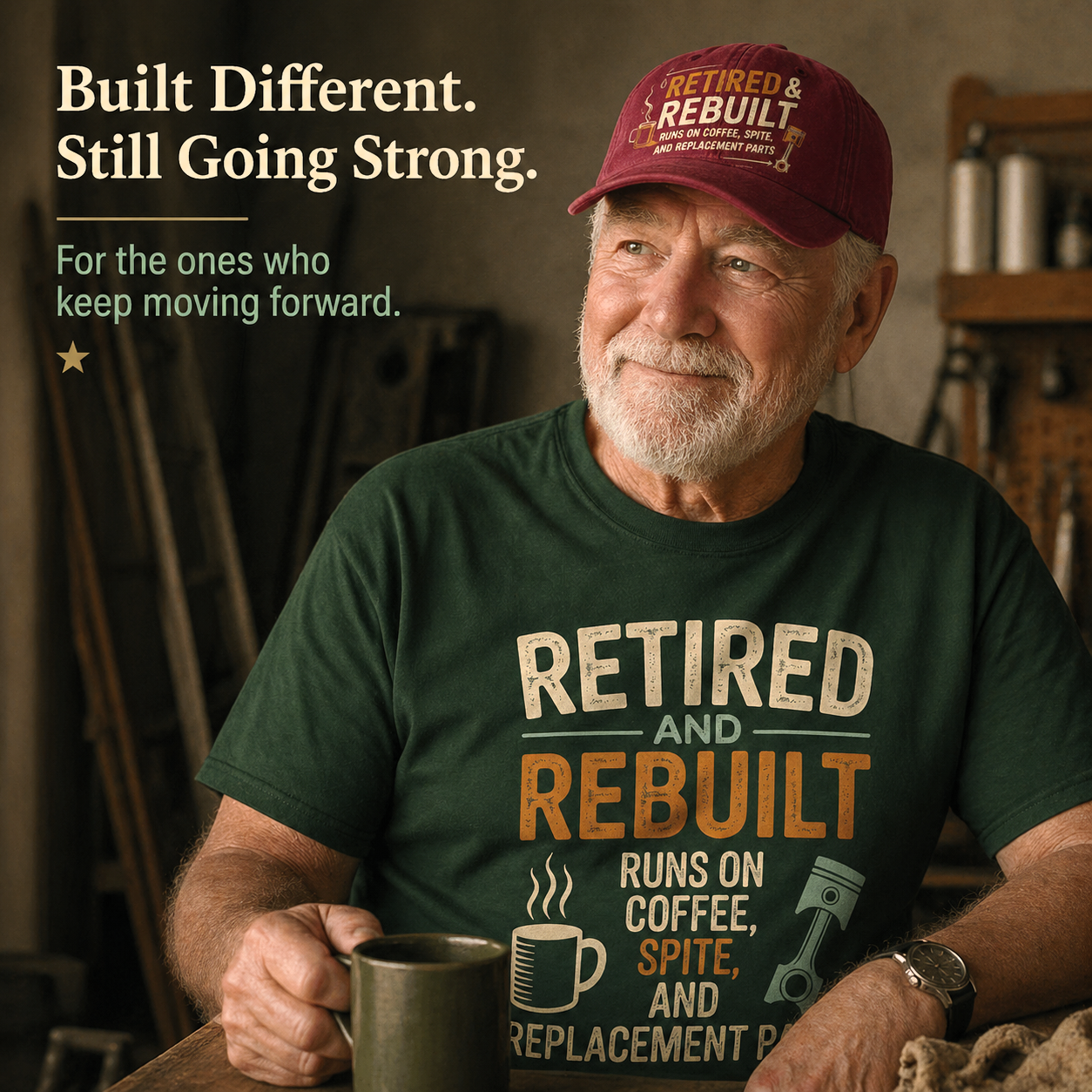 "Retired & Rebuilt. Runs on Coffee, Spite and Replacement Parts" Vintage T-Shirt