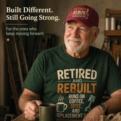 "Retired & Rebuilt. Runs on Coffee, Spite and Replacement Parts" Vintage T-Shirt