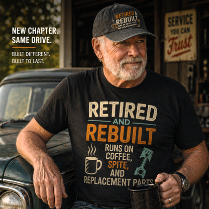 "Retired & Rebuilt. Runs on Coffee, Spite and Replacement Parts" Vintage Washed Cap