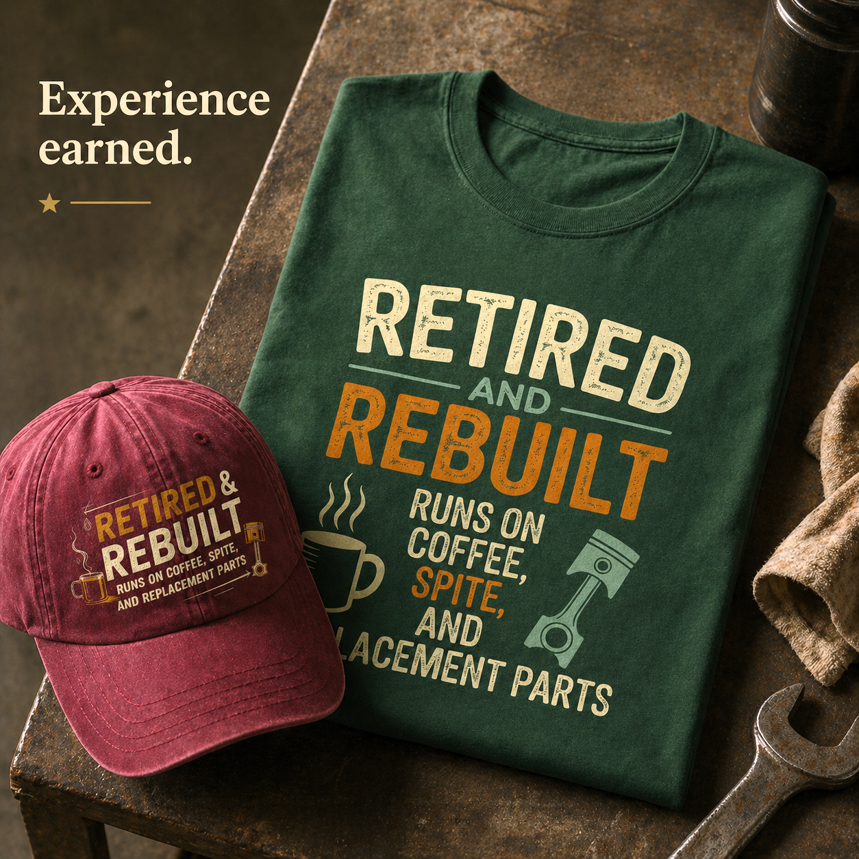 "Retired & Rebuilt. Runs on Coffee, Spite and Replacement Parts" Vintage Washed Cap