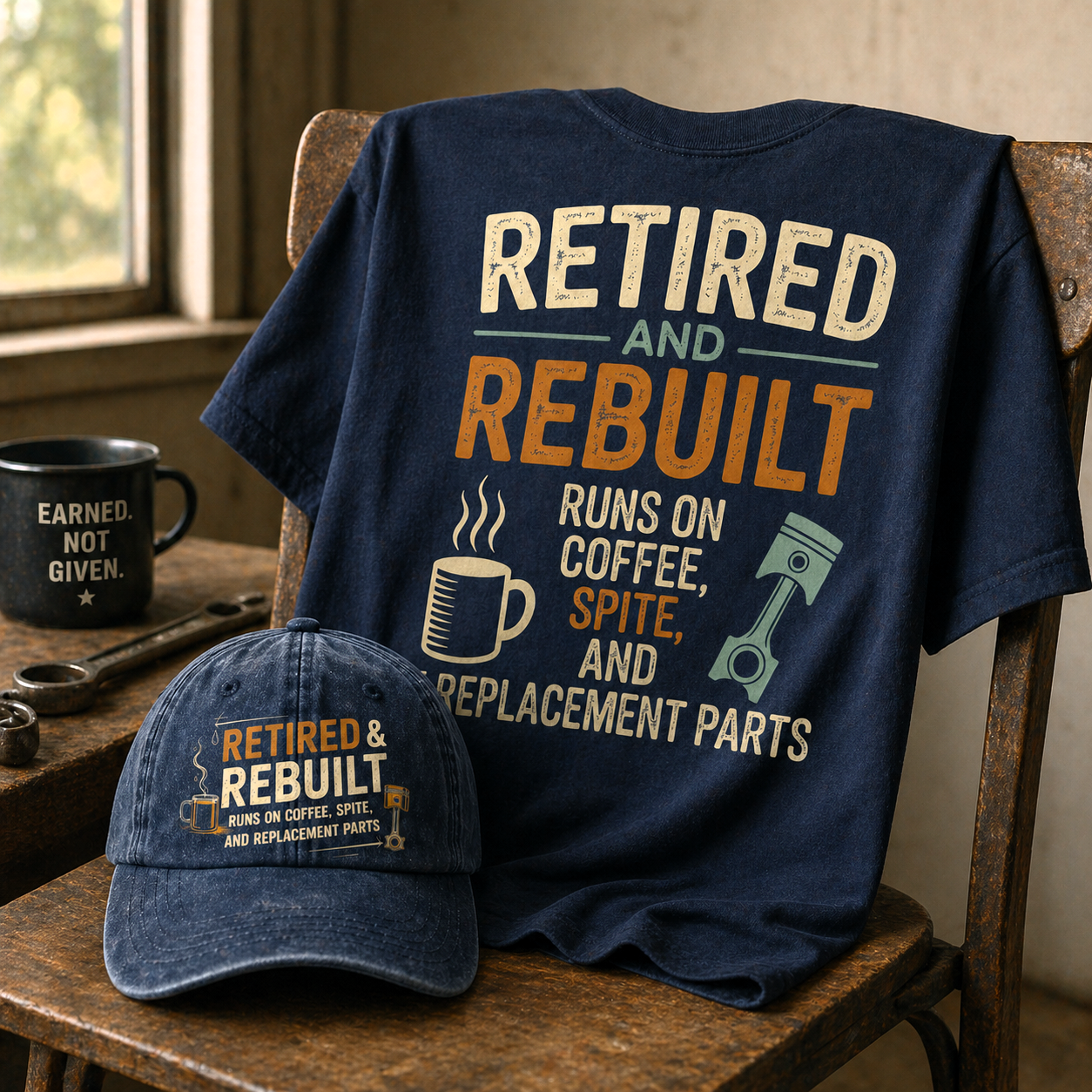 "Retired & Rebuilt. Runs on Coffee, Spite and Replacement Parts" Vintage Washed Cap