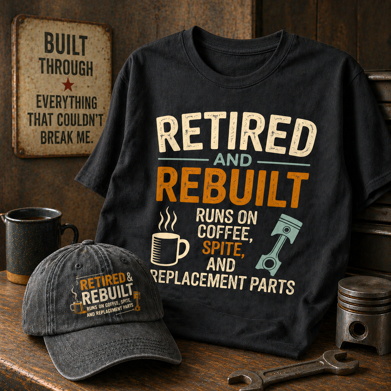 "Retired & Rebuilt. Runs on Coffee, Spite and Replacement Parts" Vintage Washed Cap