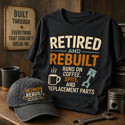 "Retired & Rebuilt. Runs on Coffee, Spite and Replacement Parts" Vintage Washed Cap