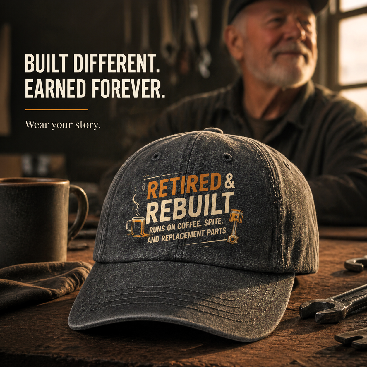 "Retired & Rebuilt. Runs on Coffee, Spite and Replacement Parts" Vintage Washed Cap
