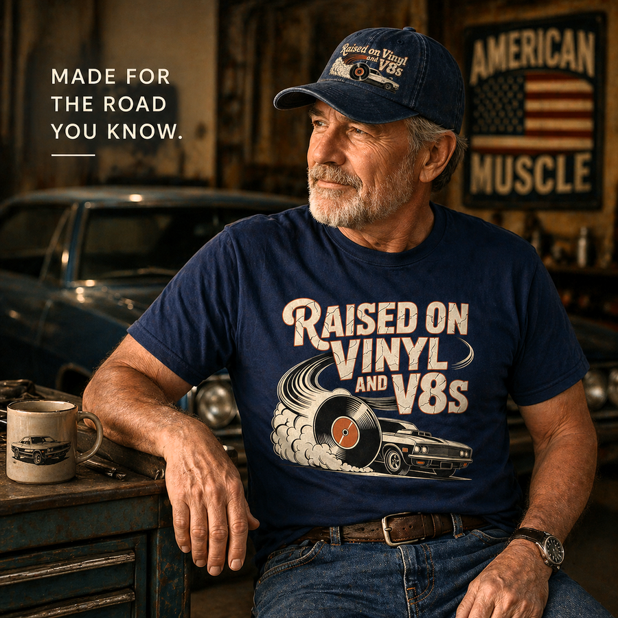 Senior man wearing navy Raised on Vinyl and V8s printed T-shirt