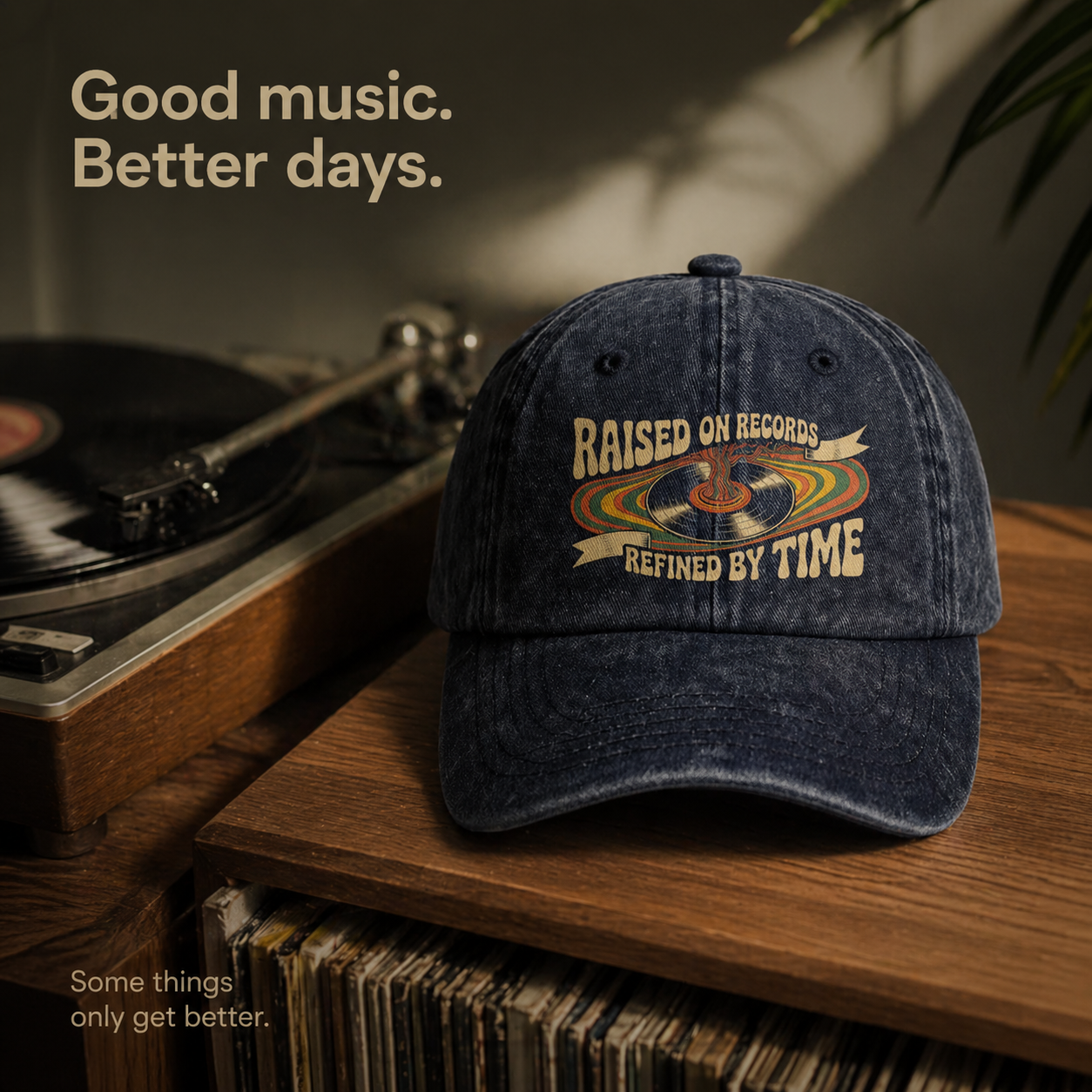 "Raised On Records. Refined By Time" Retro Music Washed Cap