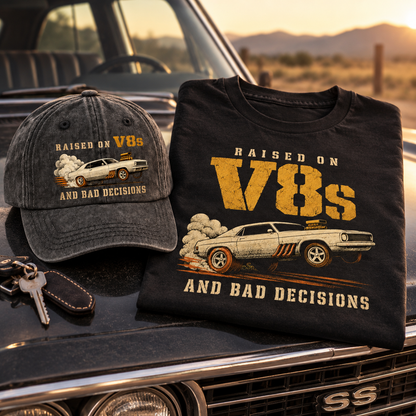 "Raised on V8s and Bad Decisions" Vintage Washed Cap
