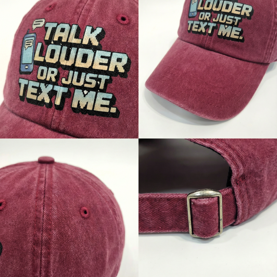 Burgundy Talk Louder cap detail collage showing printed design, brim, and strap
