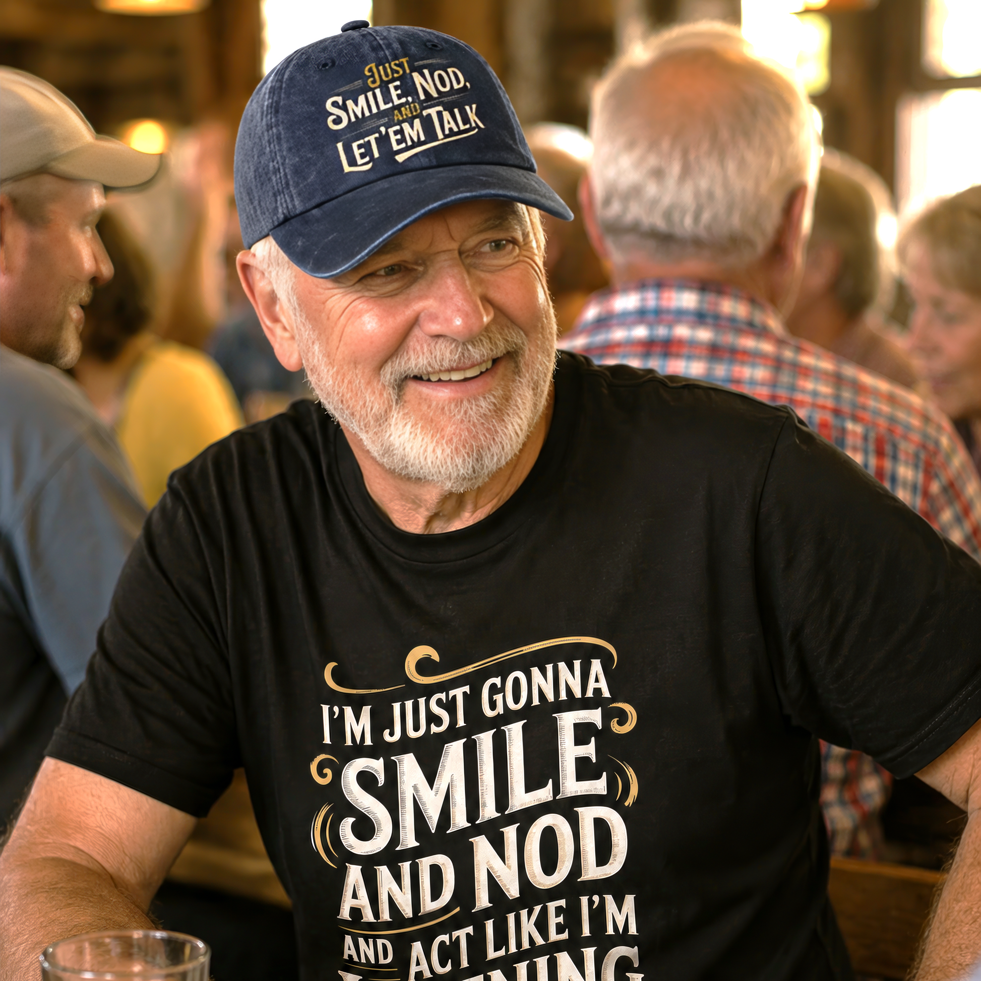 Man wearing navy cap in busy bar while smiling at crowd