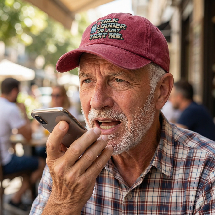 Older man wearing burgundy Talk Louder cap while speaking into phone