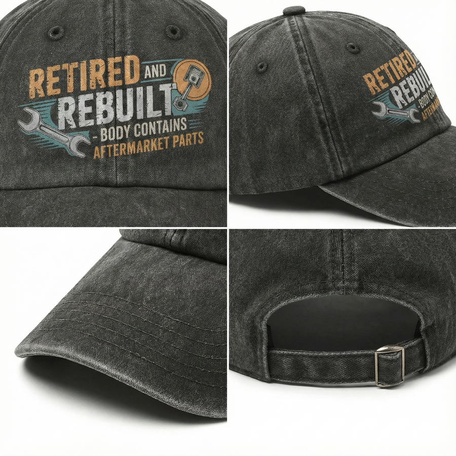 Gray cap detail collage showing printed Retired and Rebuilt design and strap