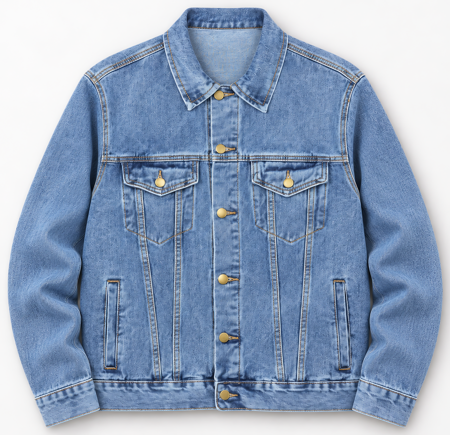 Front view of blue vintage denim jacket with gold buttons and flap pockets