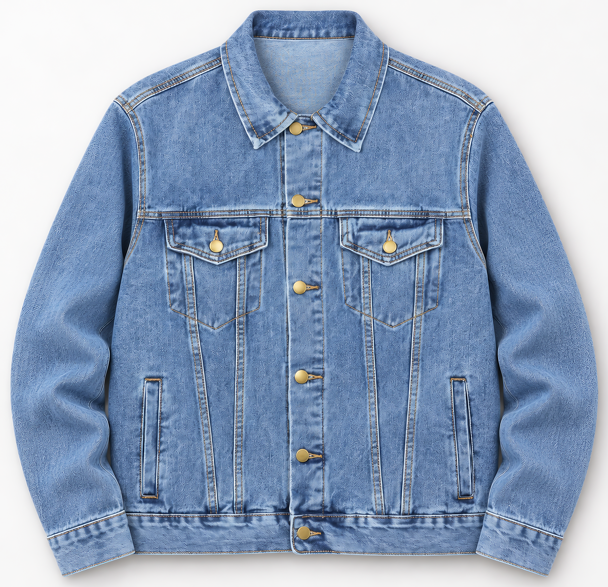 Front view of light blue vintage denim jacket with gold buttons and pockets