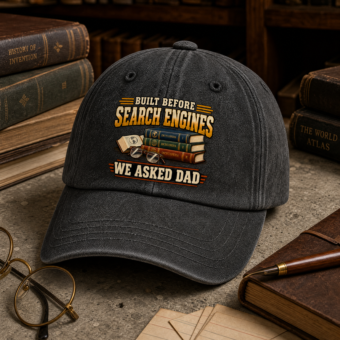Black vintage washed cap with printed “Built Before Search Engines We Asked Dad” design, angled view