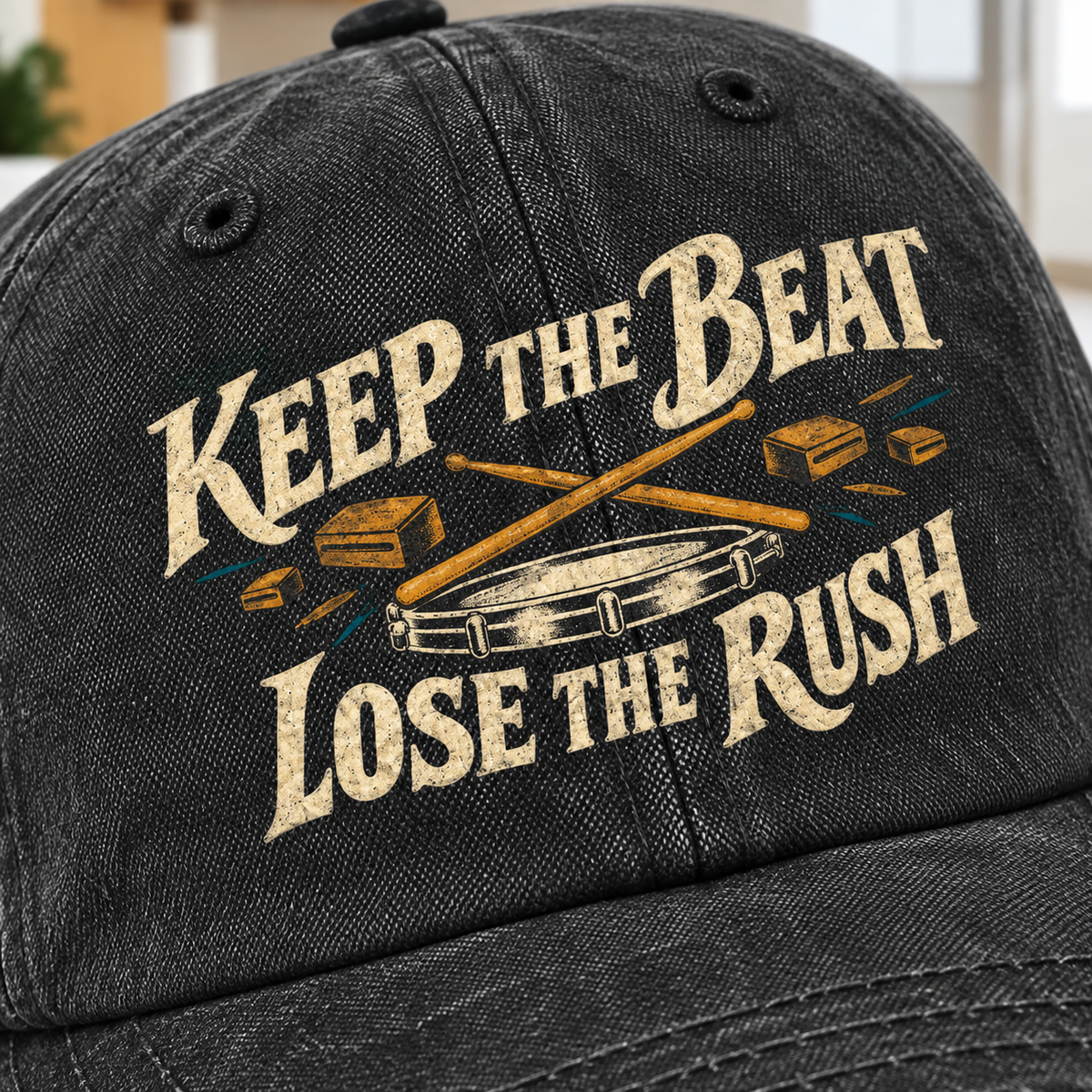 Black vintage washed cap with printed Keep The Beat Lose The Rush slogan, angled close-up view
