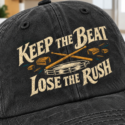 Black vintage washed cap with printed Keep The Beat Lose The Rush slogan, angled close-up view