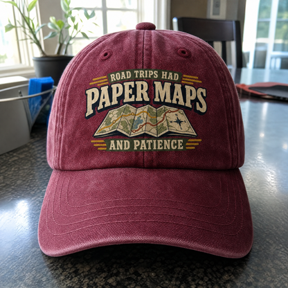 Burgundy vintage washed cap with printed Road Trips Had Paper Maps And Patience design, front angle