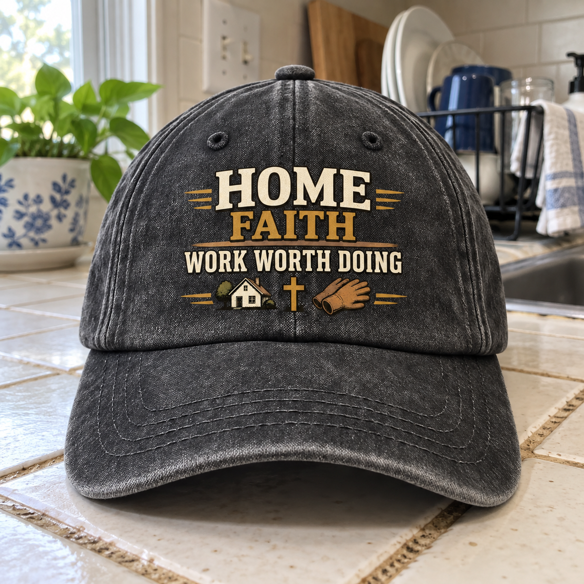 Front view of charcoal vintage washed cap with printed Home Faith Work Worth Doing