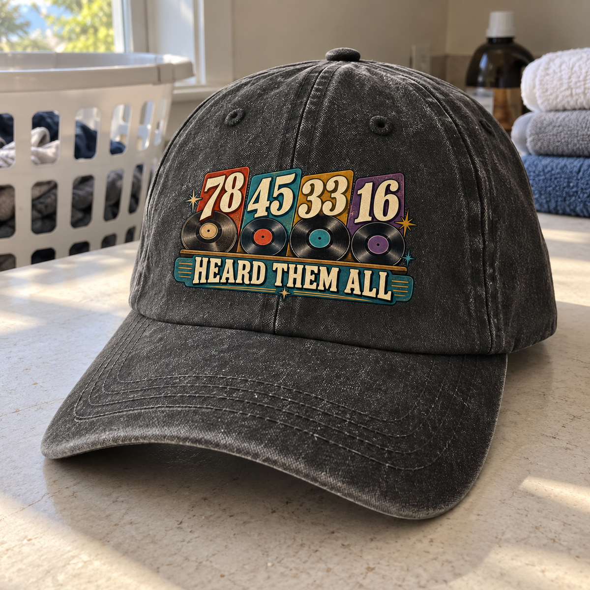 Angled charcoal vintage washed cap with printed 78 45 33 16 Heard Them All