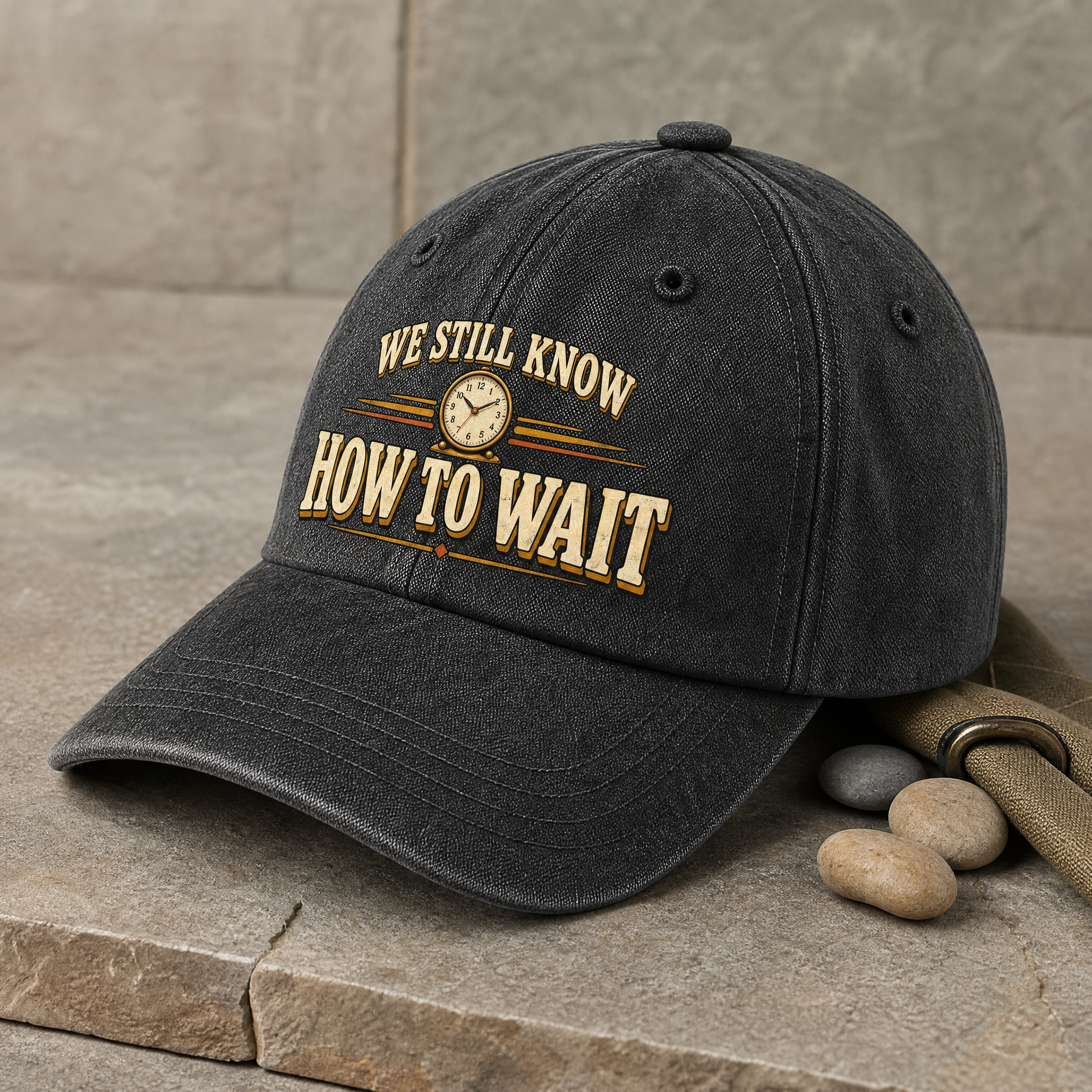 Black vintage washed cap with printed We Still Know How To Wait design, angled view