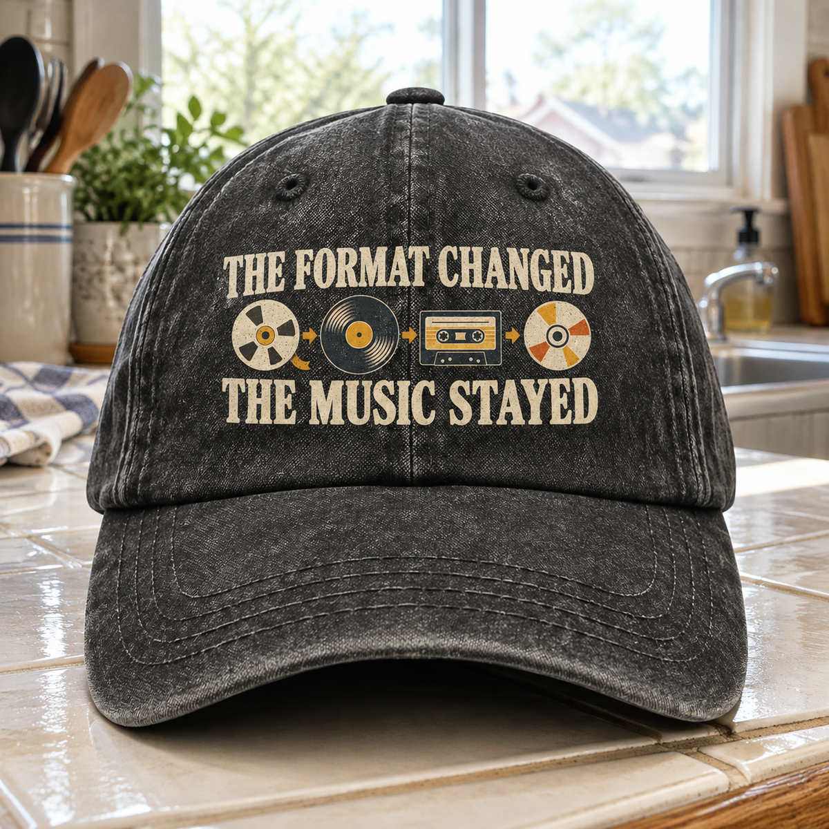 Black vintage washed cap featuring printed The Format Changed The Music Stayed slogan, front angle