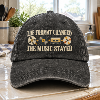 Black vintage washed cap featuring printed The Format Changed The Music Stayed slogan, front angle