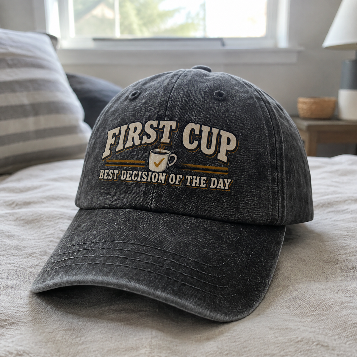 Dark vintage washed cap with printed First Cup. Best Decision Of The Day angled view