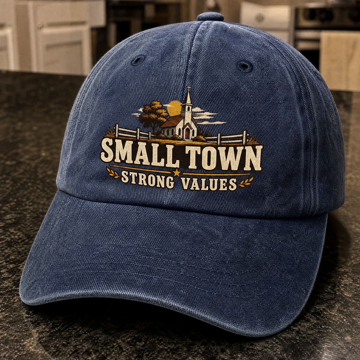 Blue vintage washed cap with printed Small Town Strong Values design, front angle view