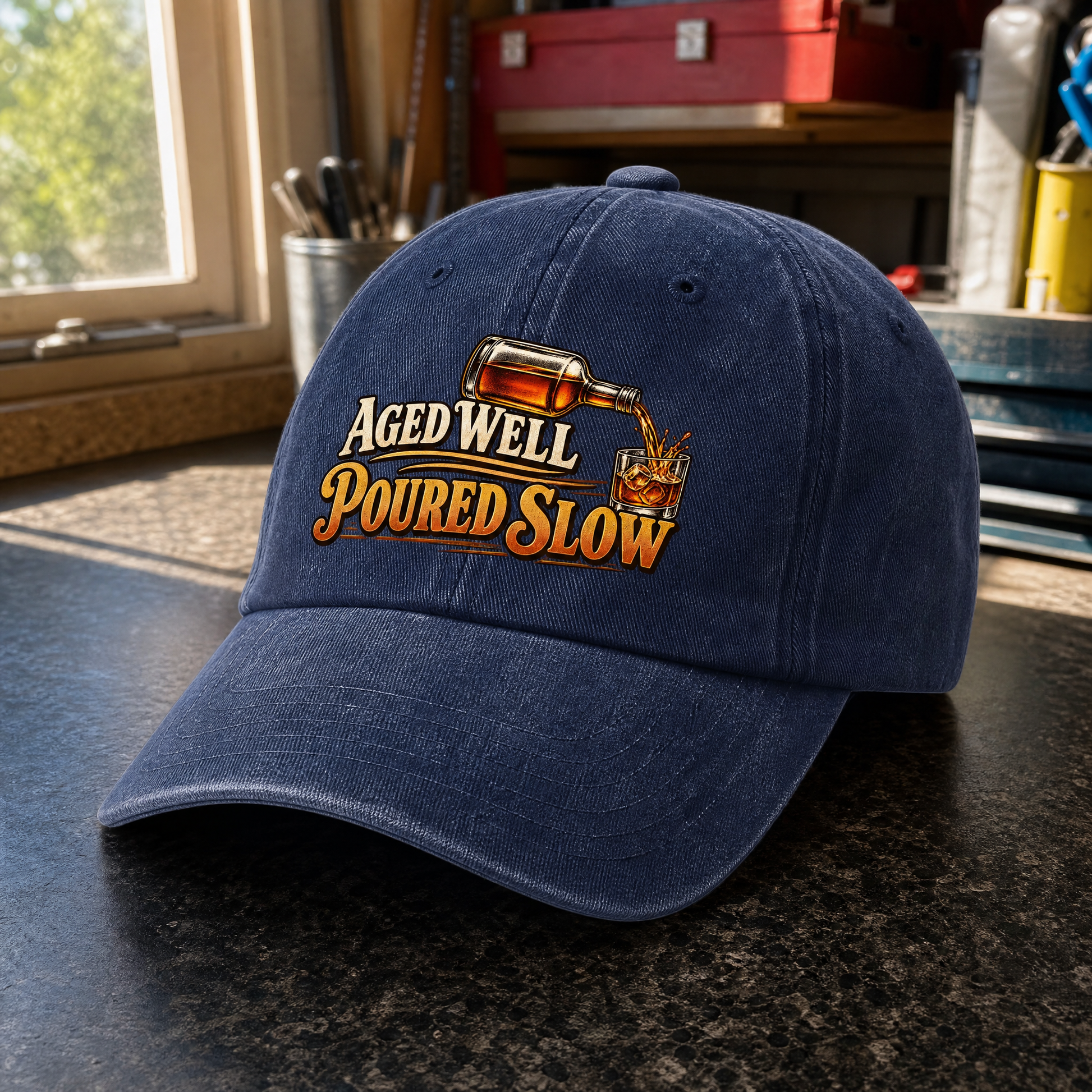 Navy vintage “Aged Well Poured Slow” slogan and whiskey glass design, angled view
