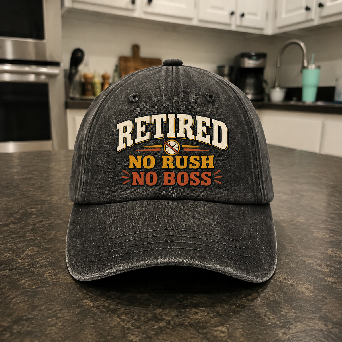 Vintage washed cap with printed “Retired. No Rush No Boss” slogan, front angle view