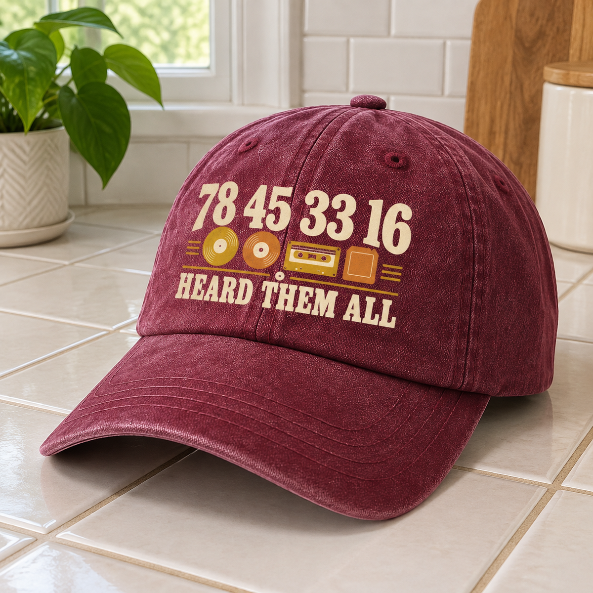 Burgundy vintage washed cap with printed 7845 3316 Heard Them All design, angled view
