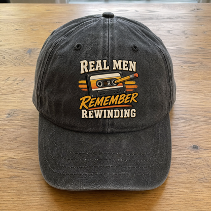 45 Real Men Remember Rewinding printed slogan on vintage washed cap, angled view