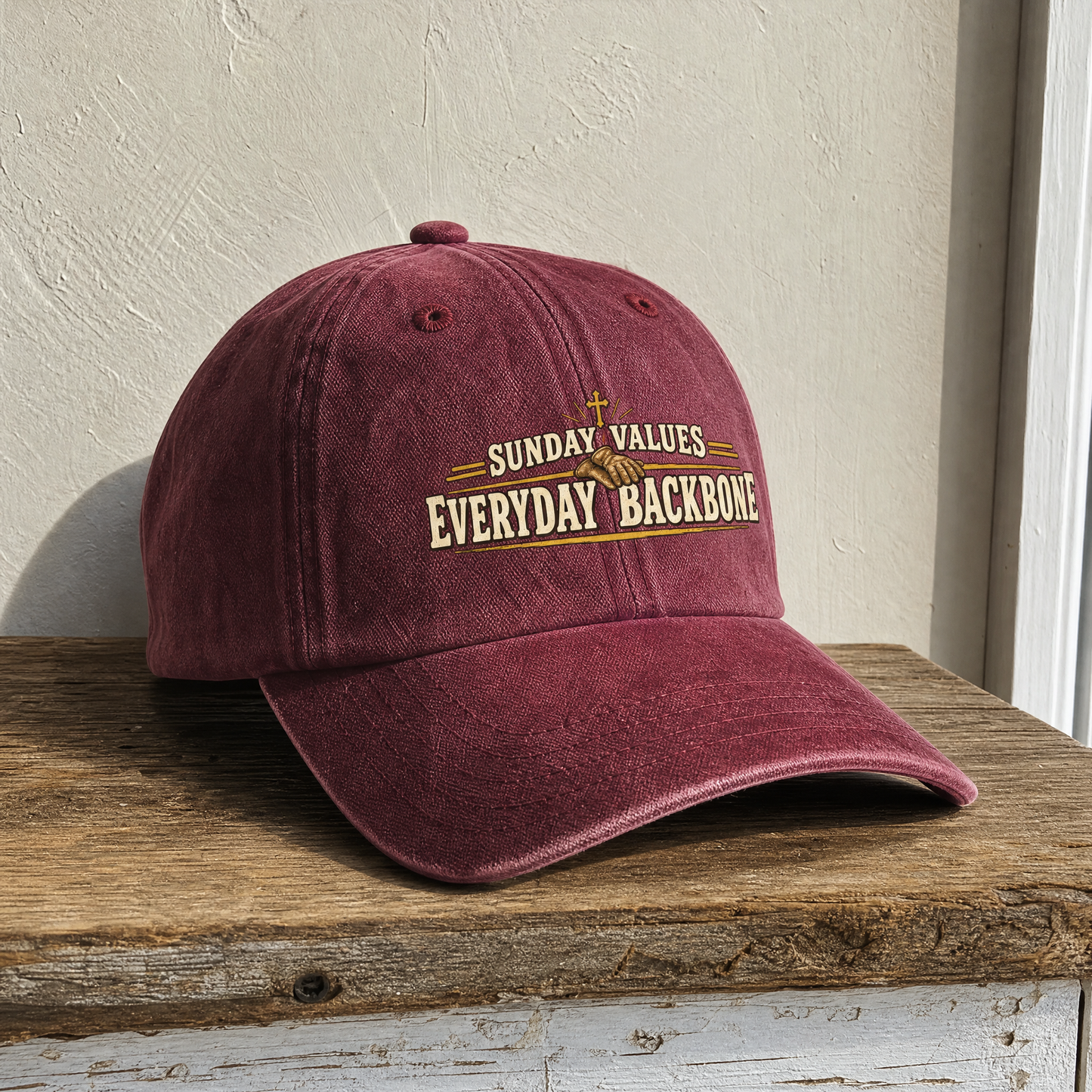 Sunday Values Everyday Backbone printed vintage washed cap, angled view with slogan design.
