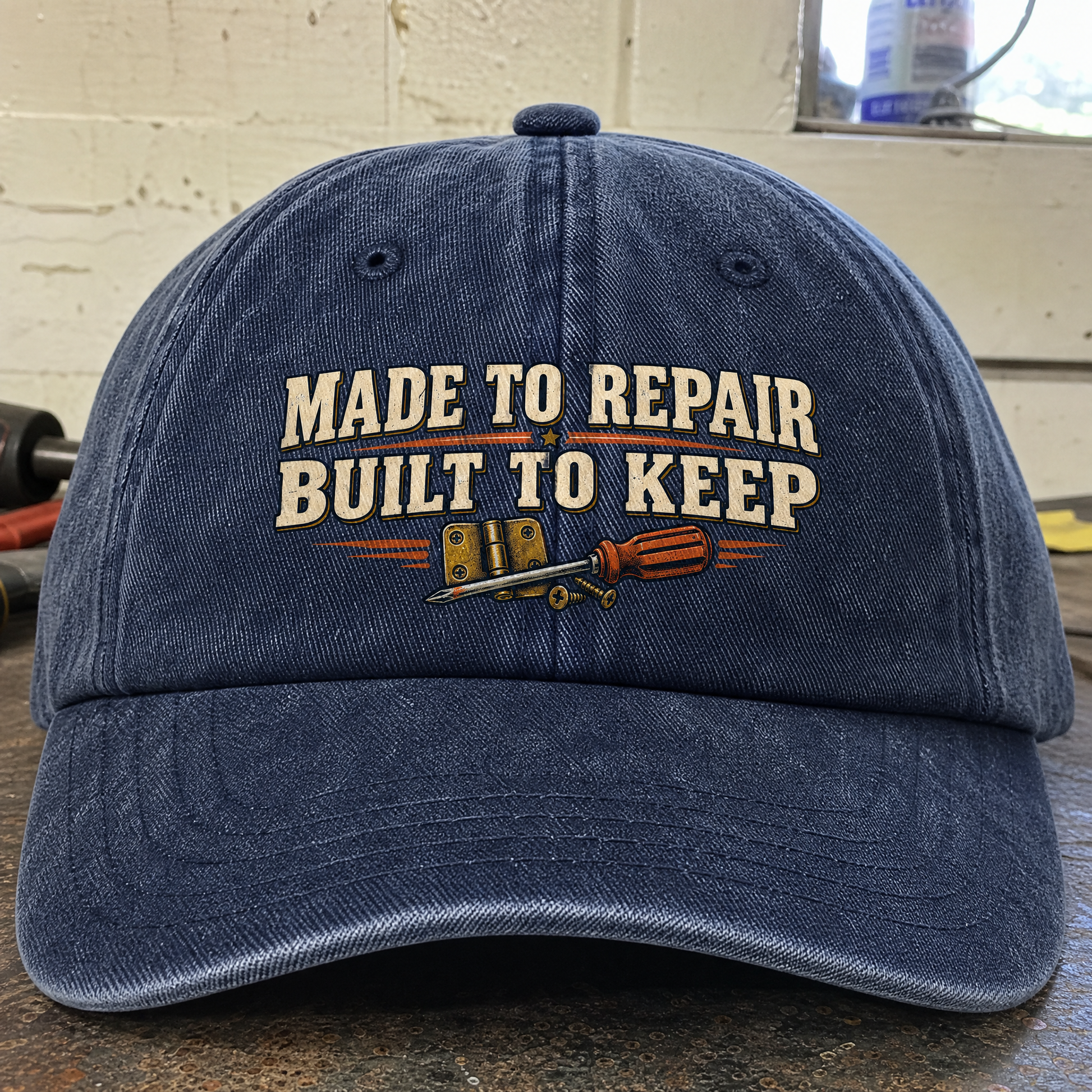 Close-up angle views of vintage washed cap with Made To Repair. Built To Keep printed design