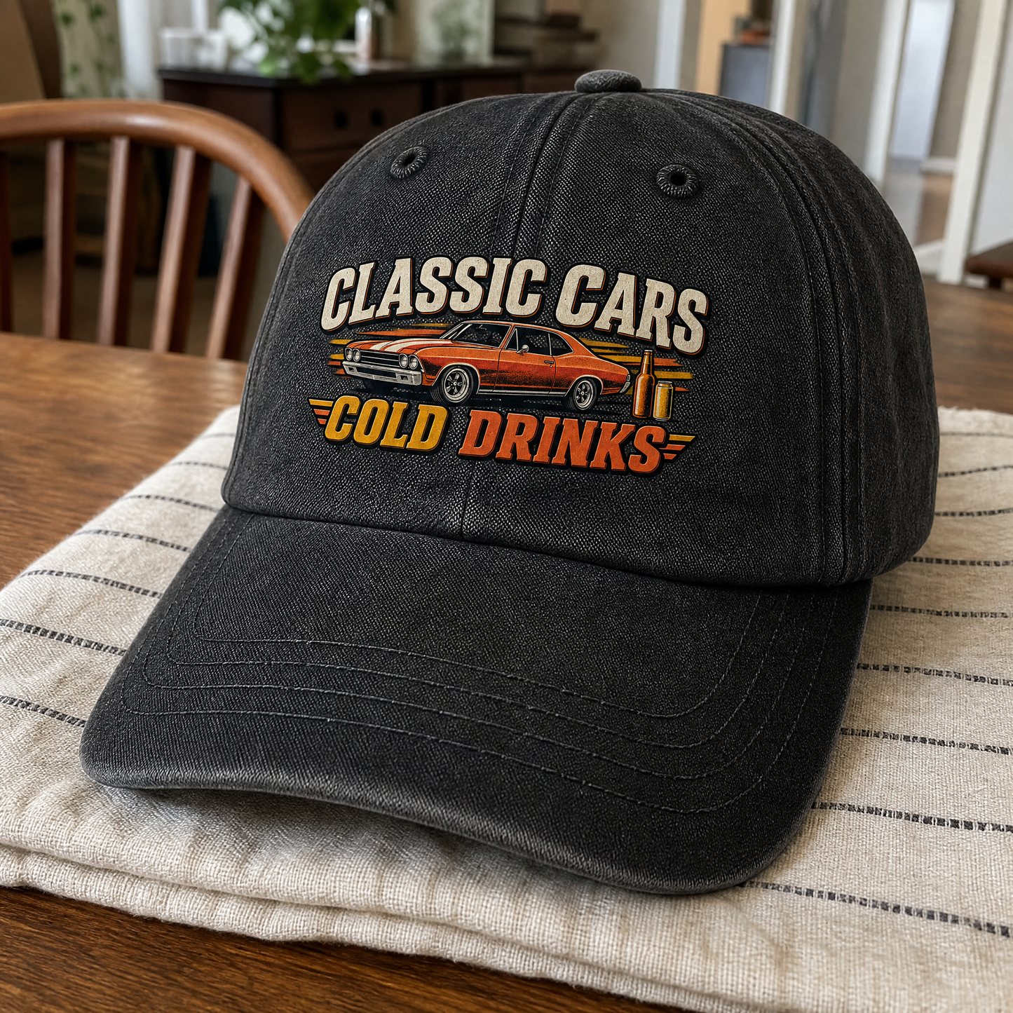 Black vintage washed cap with printed Classic Cars Cold Drinks design, angled view