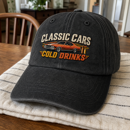 Black vintage washed cap with printed Classic Cars Cold Drinks design, angled view