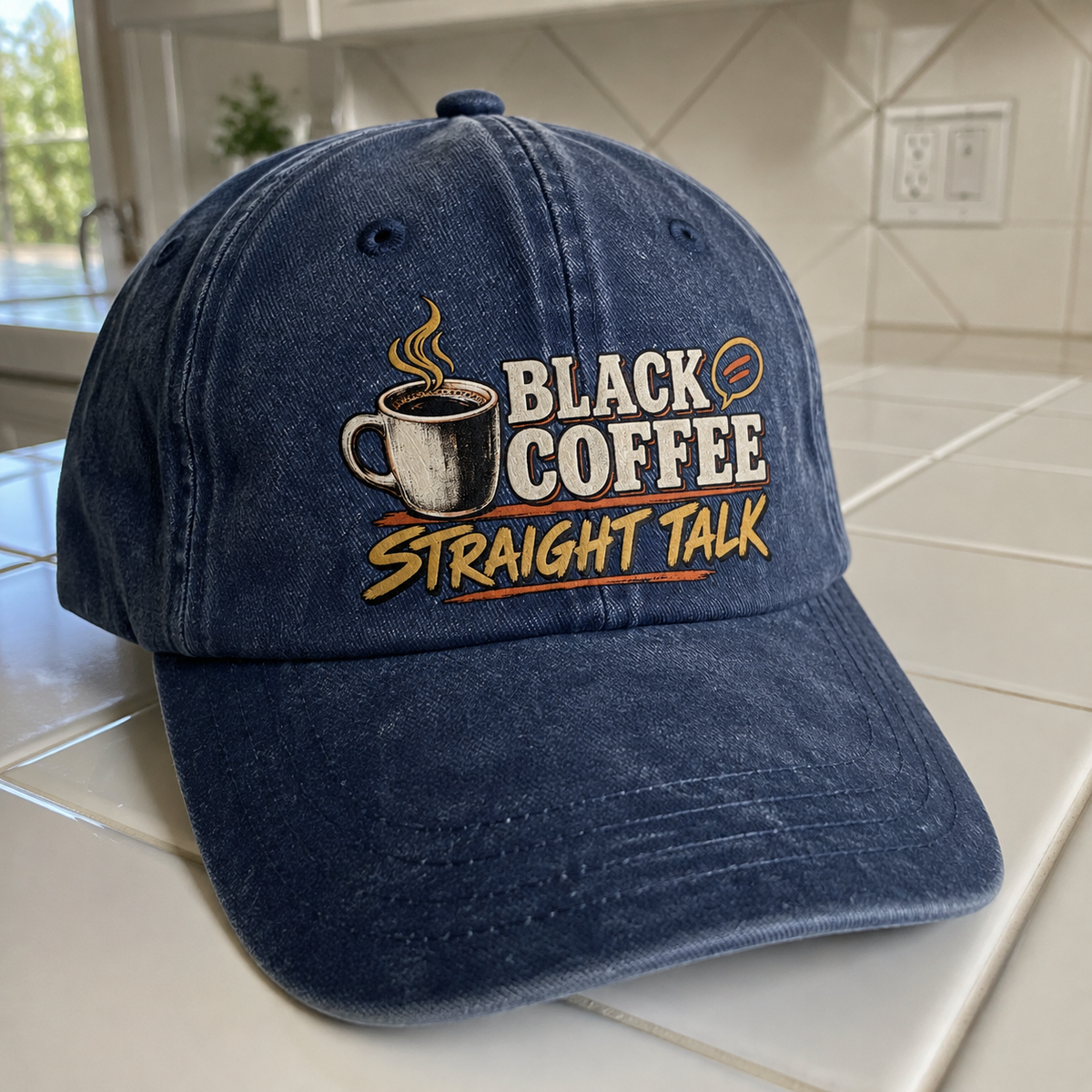 Close-up angle views of vintage washed cap with Black Coffee. Straight Talk printed design