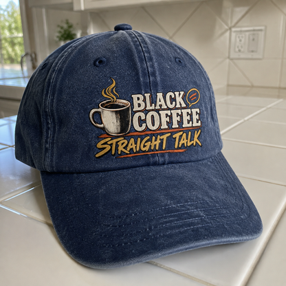 Close-up angle views of vintage washed cap with Black Coffee. Straight Talk printed design