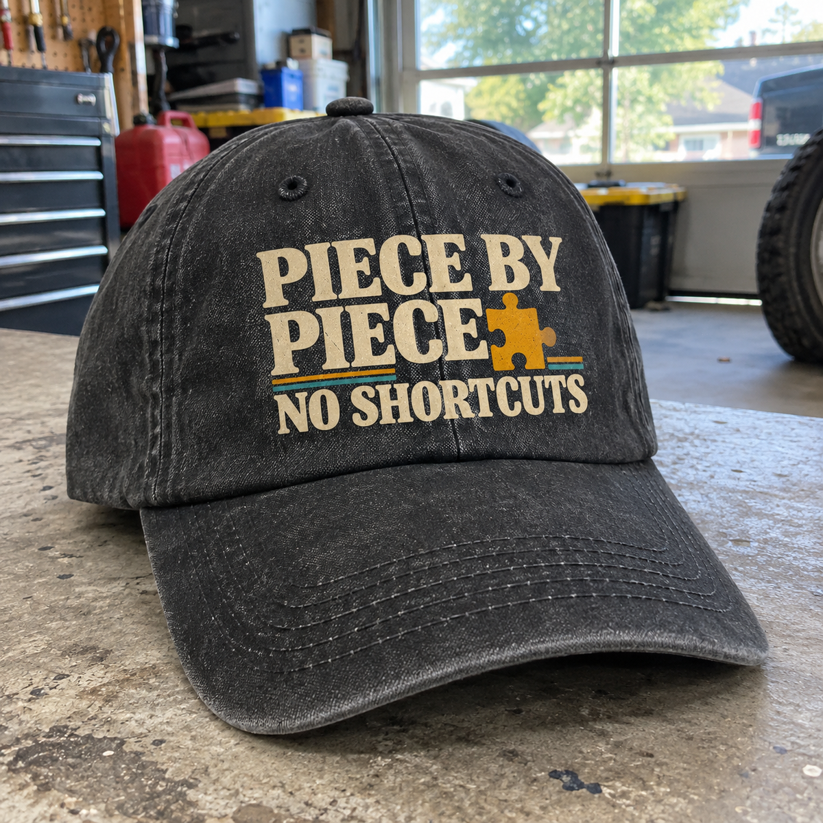 Black vintage washed cap with printed Piece By Piece No Shortcuts design, front angle