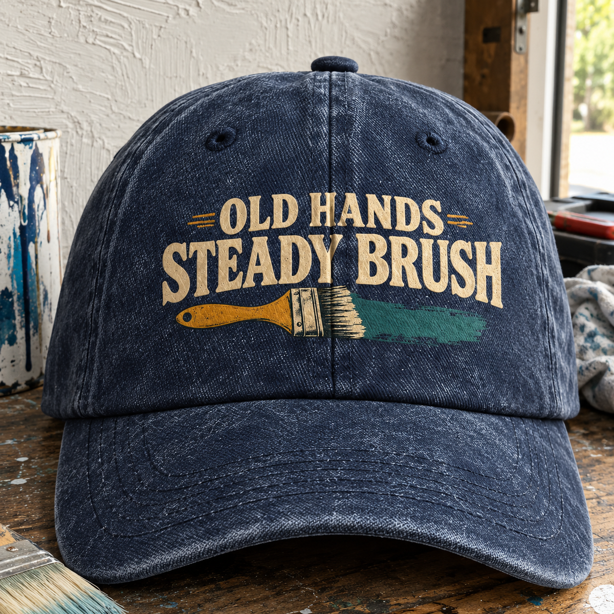 Navy vintage washed cap featuring printed Old Hands = Steady Brush slogan and paintbrush design