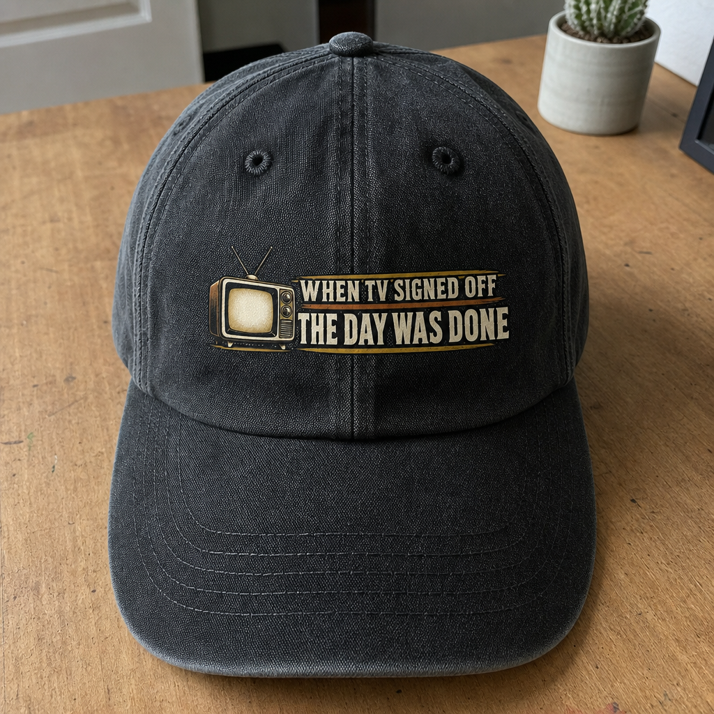 vintage washed cap features printed retro TV graphic and “The Day Was Done” slogan