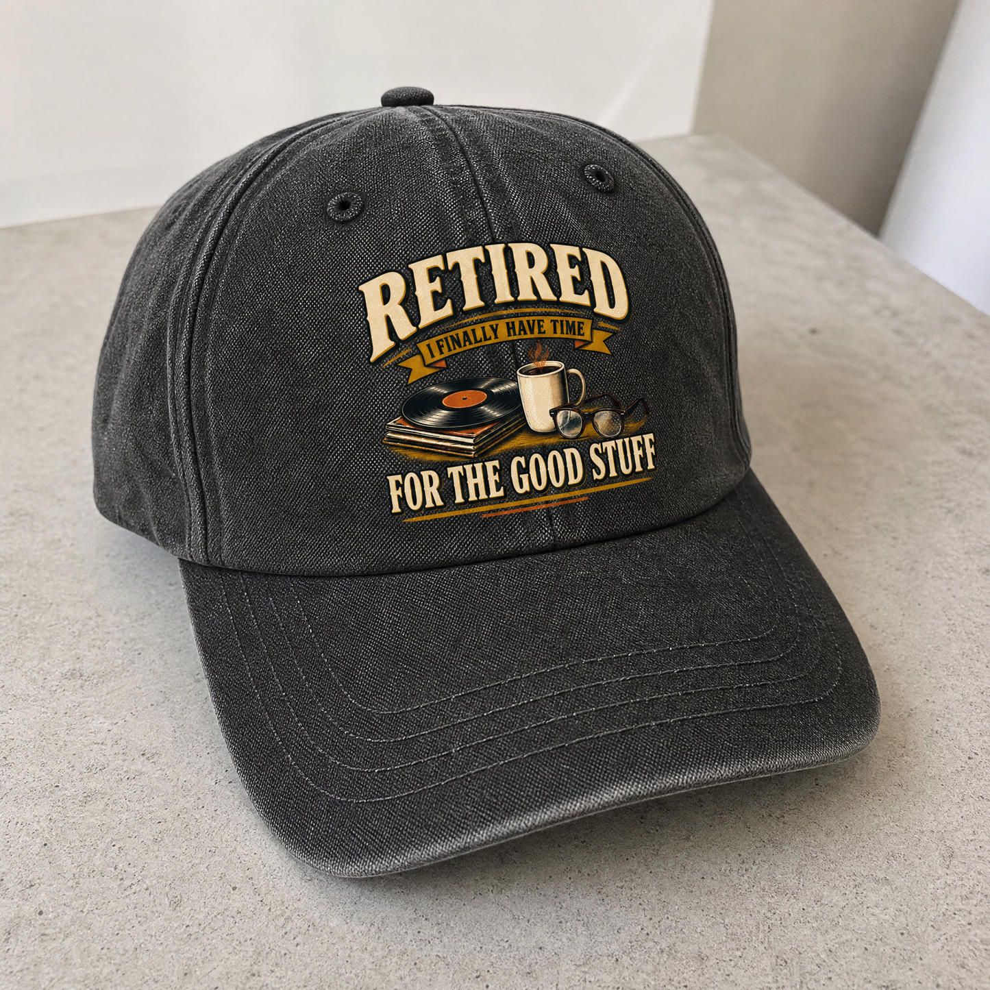 40 Time for the Good Stuff vintage washed cap with printed slogan, angled view
