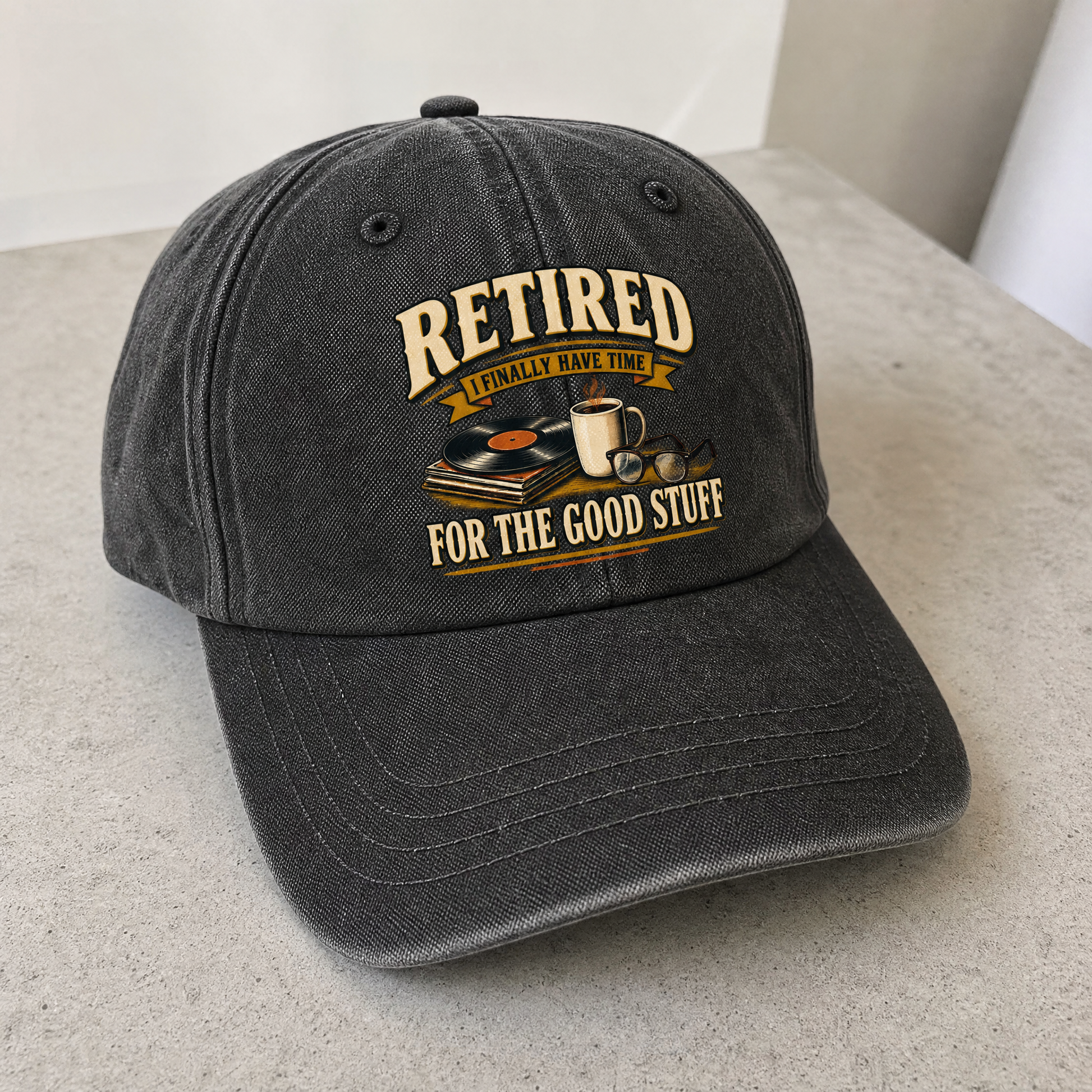 40 Time for the Good Stuff vintage washed cap with printed slogan, angled view