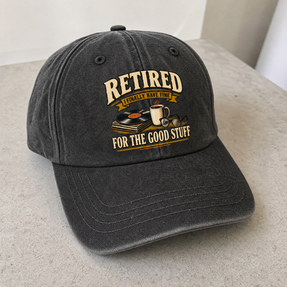 40 Time for the Good Stuff vintage washed cap with printed slogan, angled view