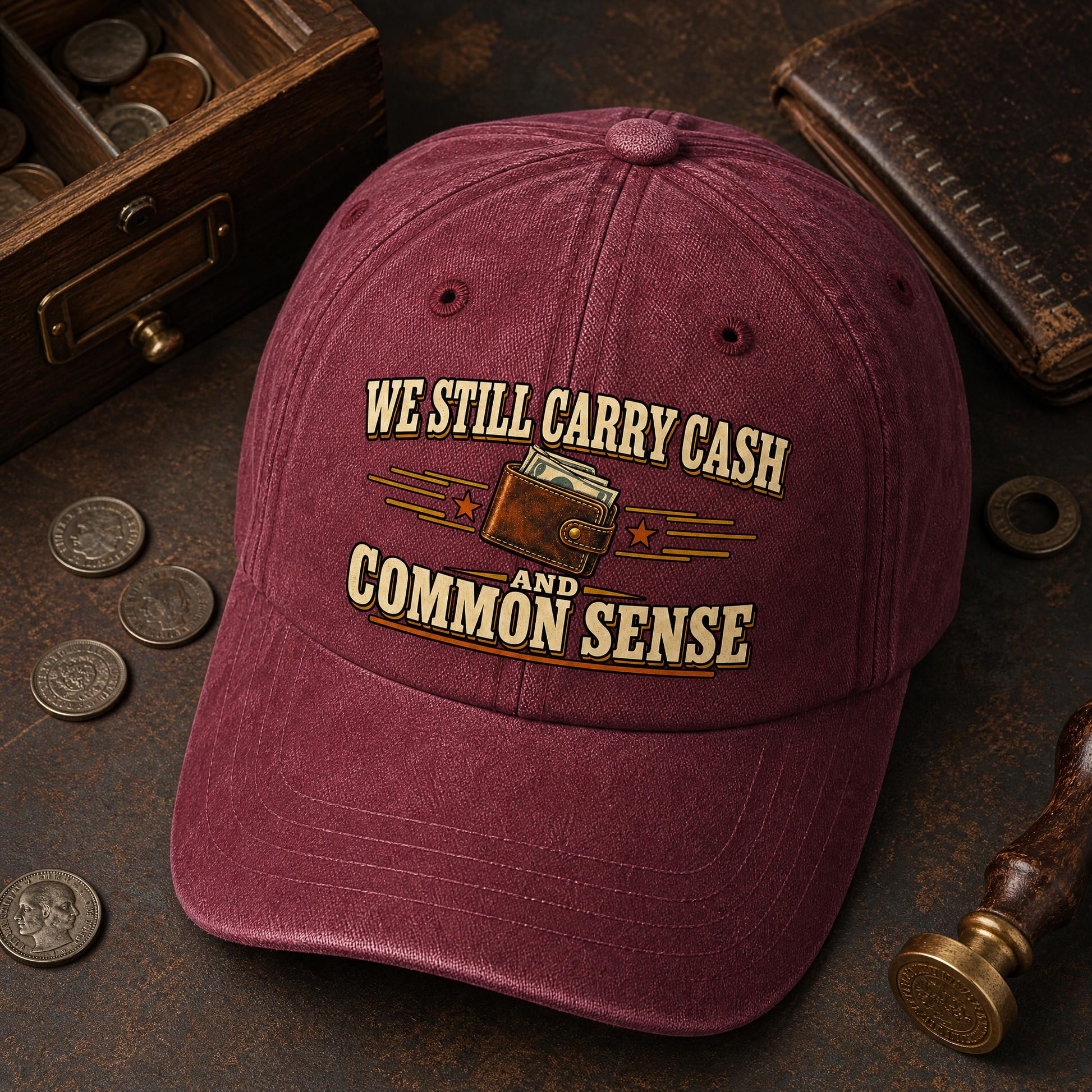 Burgundy vintage washed cap with printed We Still Carry Cash And Common Sense slogan, angled view