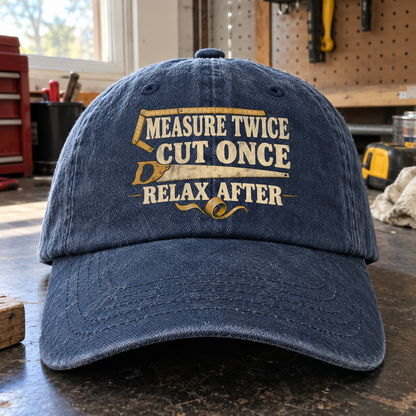Navy vintage washed cap with printed Measure Twice Cut Once. Relax After slogan, front angle