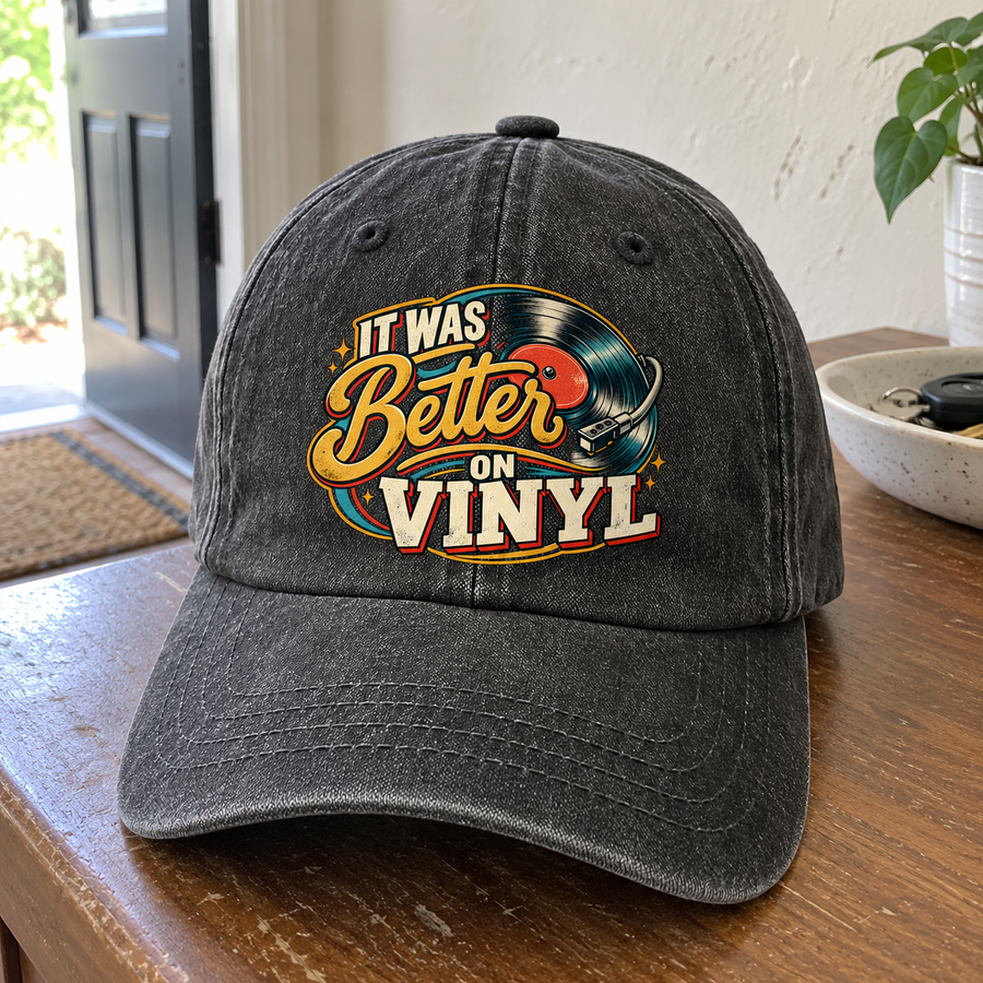 Charcoal vintage washed cap with printed It Was Better On Vinyl record design.